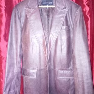 Brown, leather, fitted, one button spread lapel